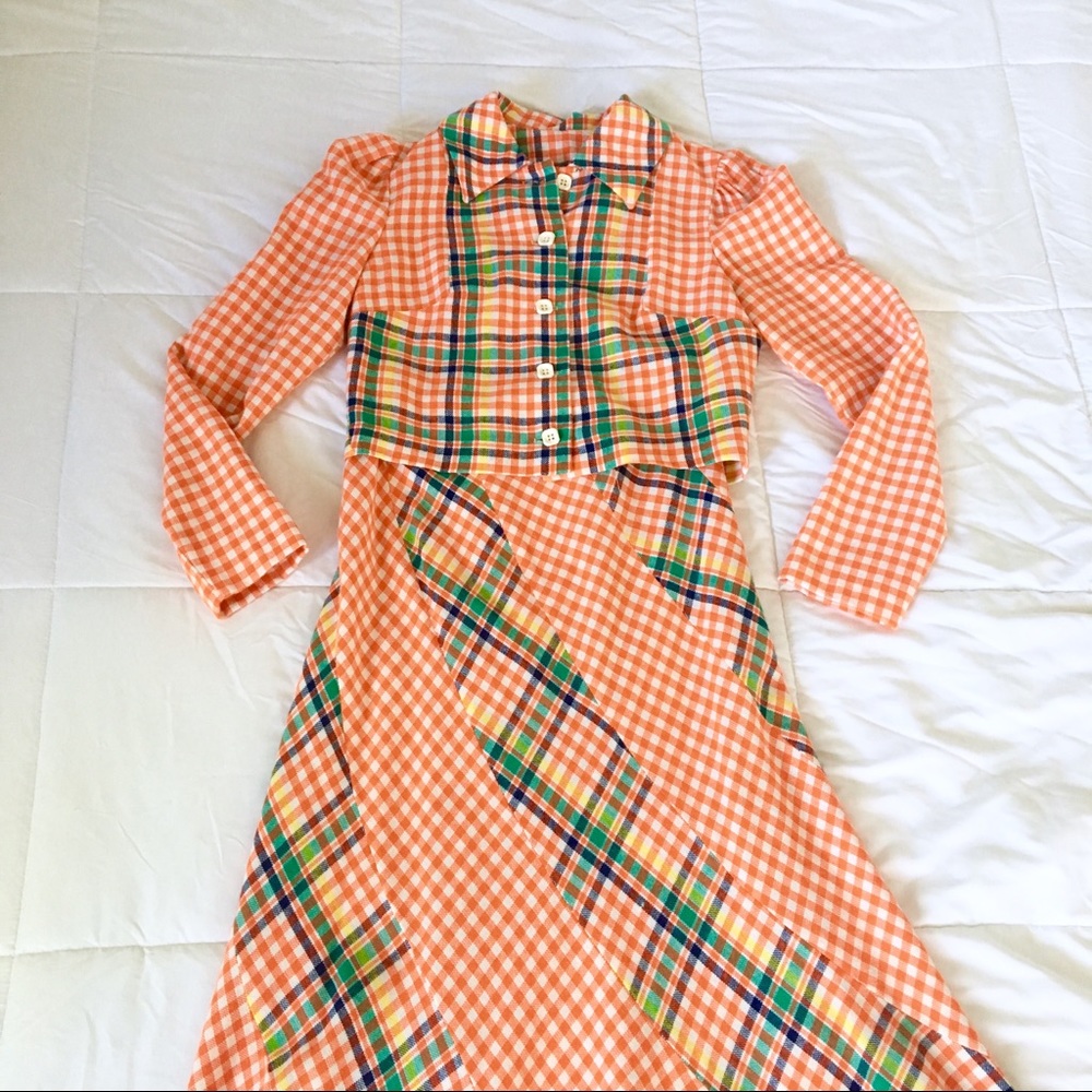 1960s High Waist Polyester Rainbow Plaid